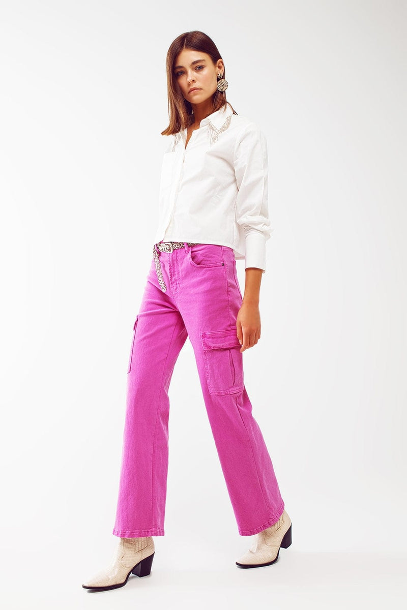 Q2 Women's Pants & Trousers Straight Leg Cargo Jeans in Fuchsia