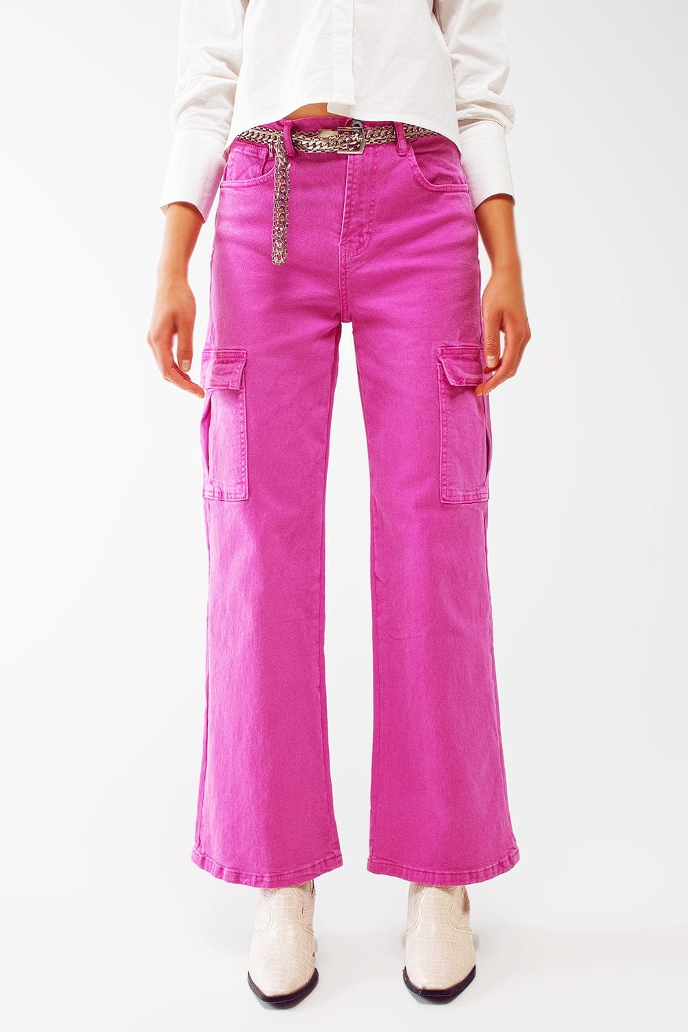 Q2 Women's Pants & Trousers Straight Leg Cargo Jeans in Fuchsia
