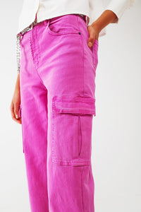 Q2 Women's Pants & Trousers Straight Leg Cargo Jeans in Fuchsia