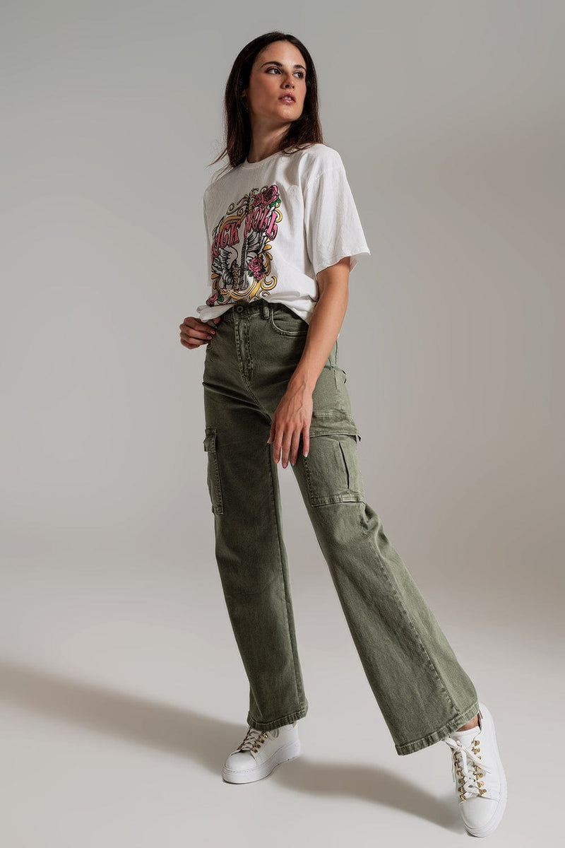 Q2 Women's Pants & Trousers Straight Leg Cargo Jeans In Olive Green