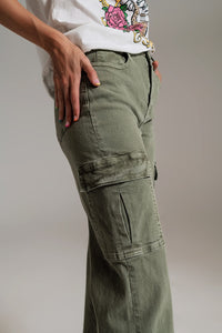 Q2 Women's Pants & Trousers Straight Leg Cargo Jeans In Olive Green