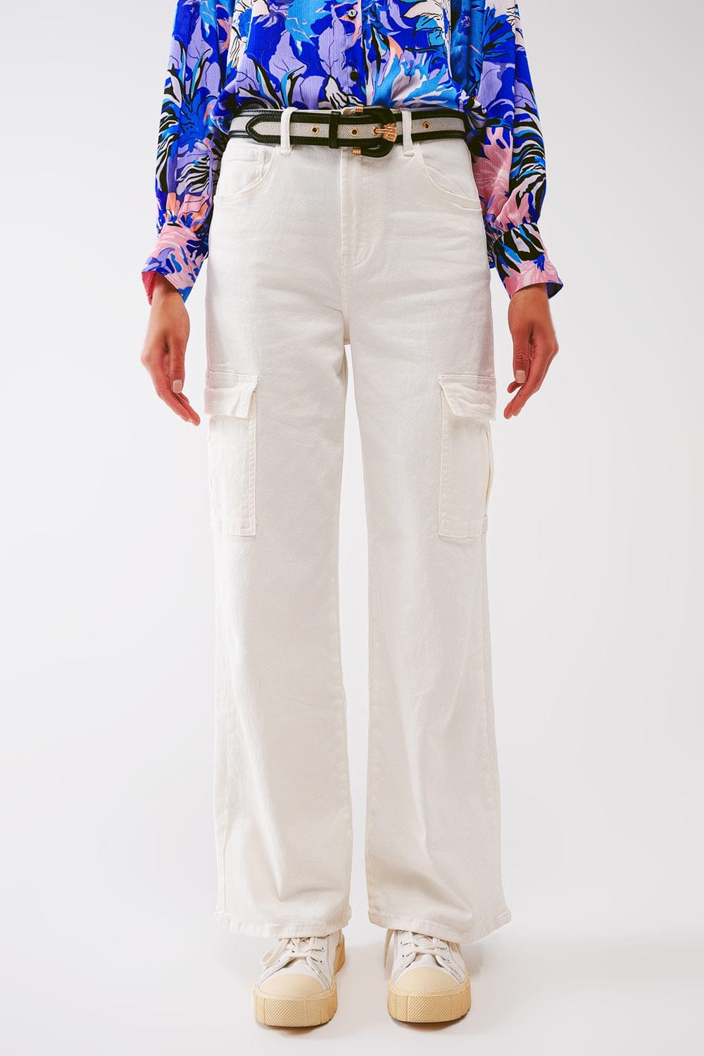 Q2 Women's Pants & Trousers Straight Leg Cargo Jeans in White