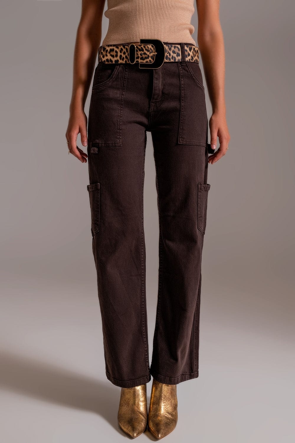 Q2 Women's Pants & Trousers Straight Leg Cargo Pants In Brown