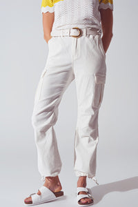 Q2 Women's Pants & Trousers Straight Leg Cargo Pants In White