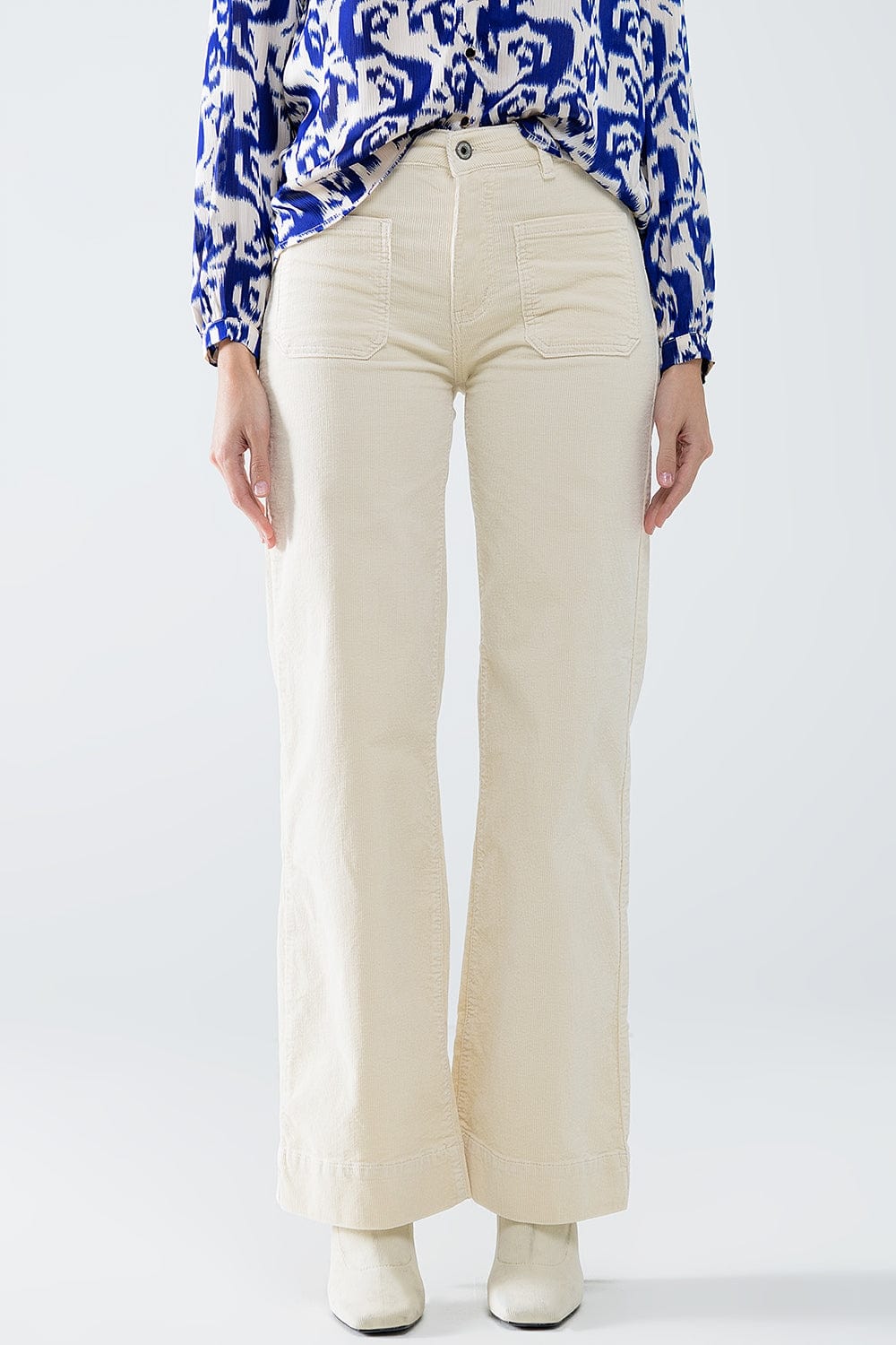 Q2 Women's Pants & Trousers Straight Leg Corduroy Jeans In Ecru With Pockets