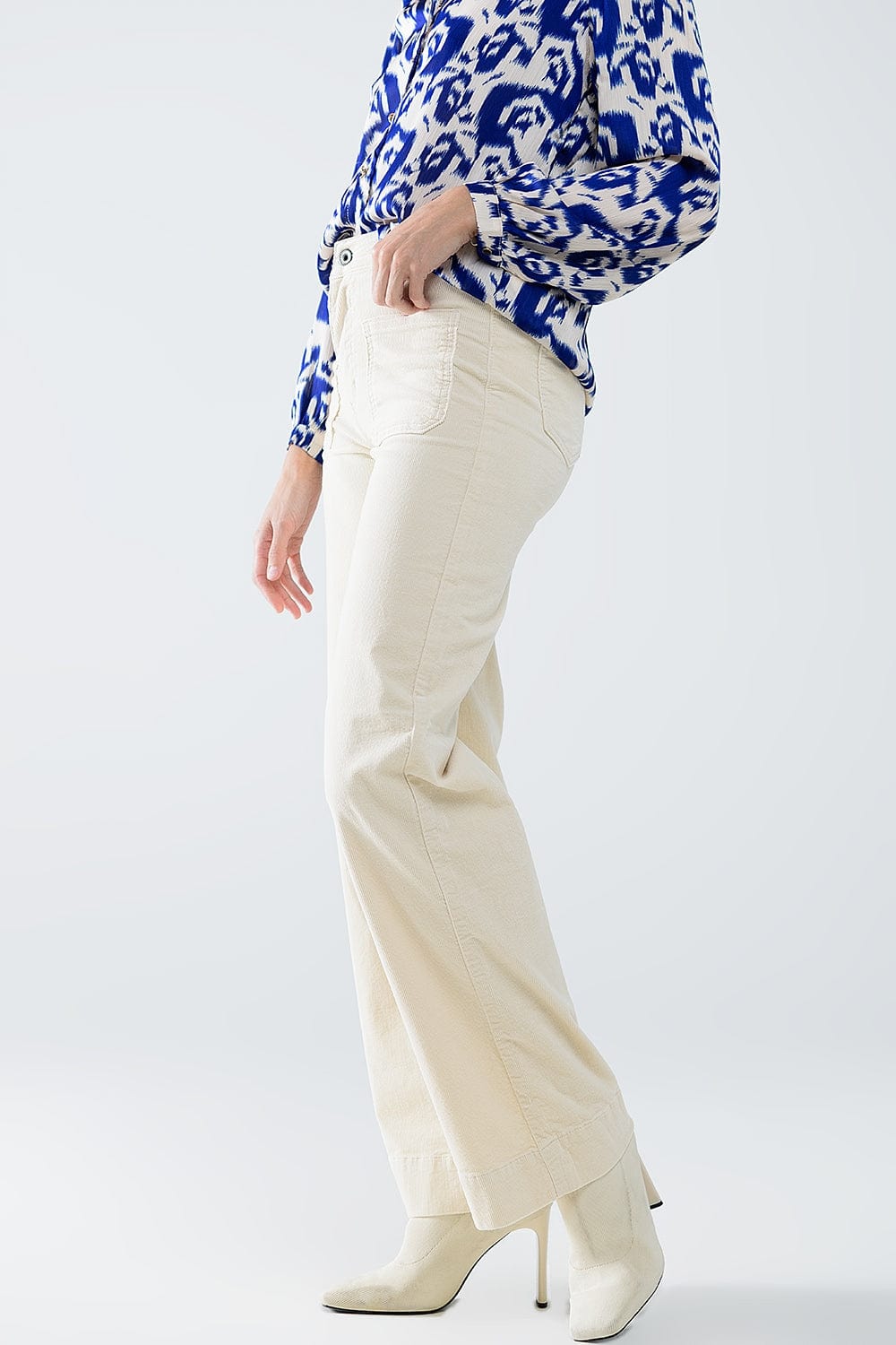 Q2 Women's Pants & Trousers Straight Leg Corduroy Jeans In Ecru With Pockets