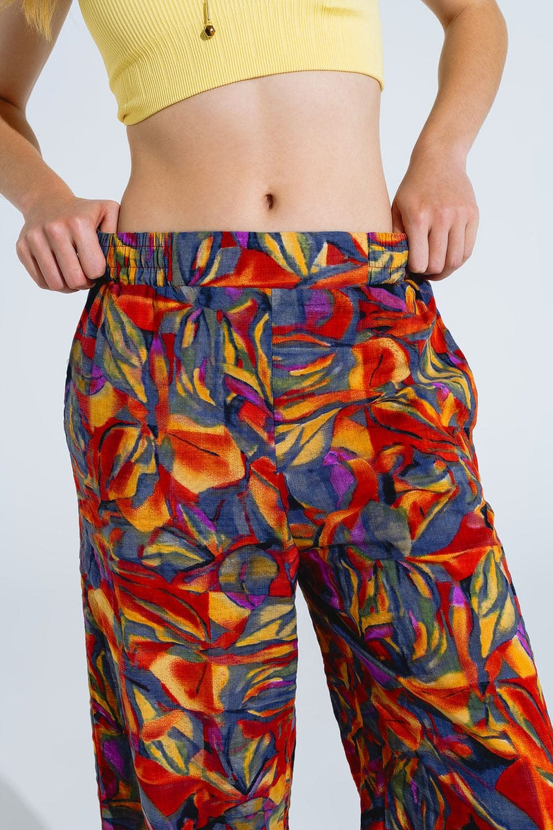 Q2 Women's Pants & Trousers Straight Leg Pants With Floral Multicolor Print In Shades Of Red