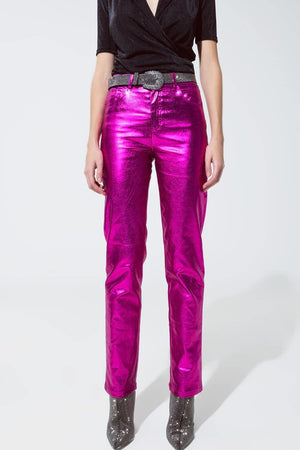 Q2 Women's Pants & Trousers Straight Metallic Pants In Fuchsia