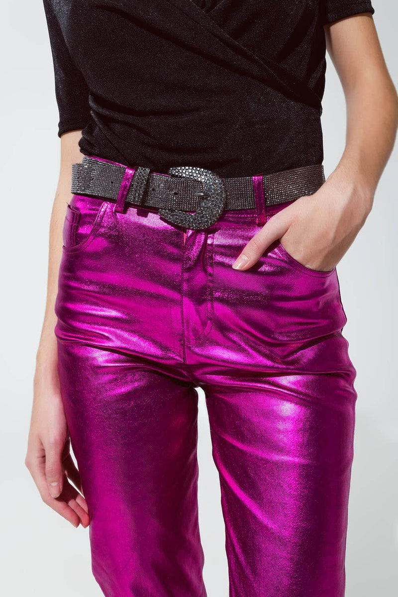 Q2 Women's Pants & Trousers Straight Metallic Pants In Fuchsia