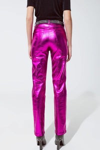 Q2 Women's Pants & Trousers Straight Metallic Pants In Fuchsia