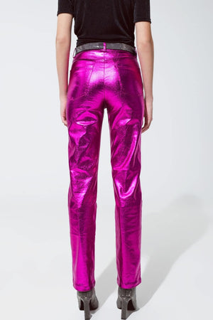 Q2 Women's Pants & Trousers Straight Metallic Pants In Fuchsia