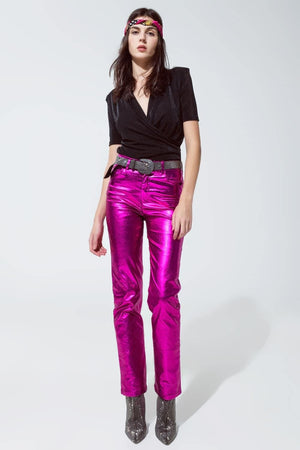 Q2 Women's Pants & Trousers Straight Metallic Pants In Fuchsia