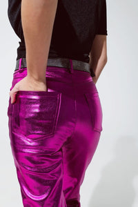 Q2 Women's Pants & Trousers Straight Metallic Pants In Fuchsia