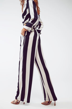 Q2 Women's Pants & Trousers Straight Pants Stripe Design And Relaxed Fit In Black And White