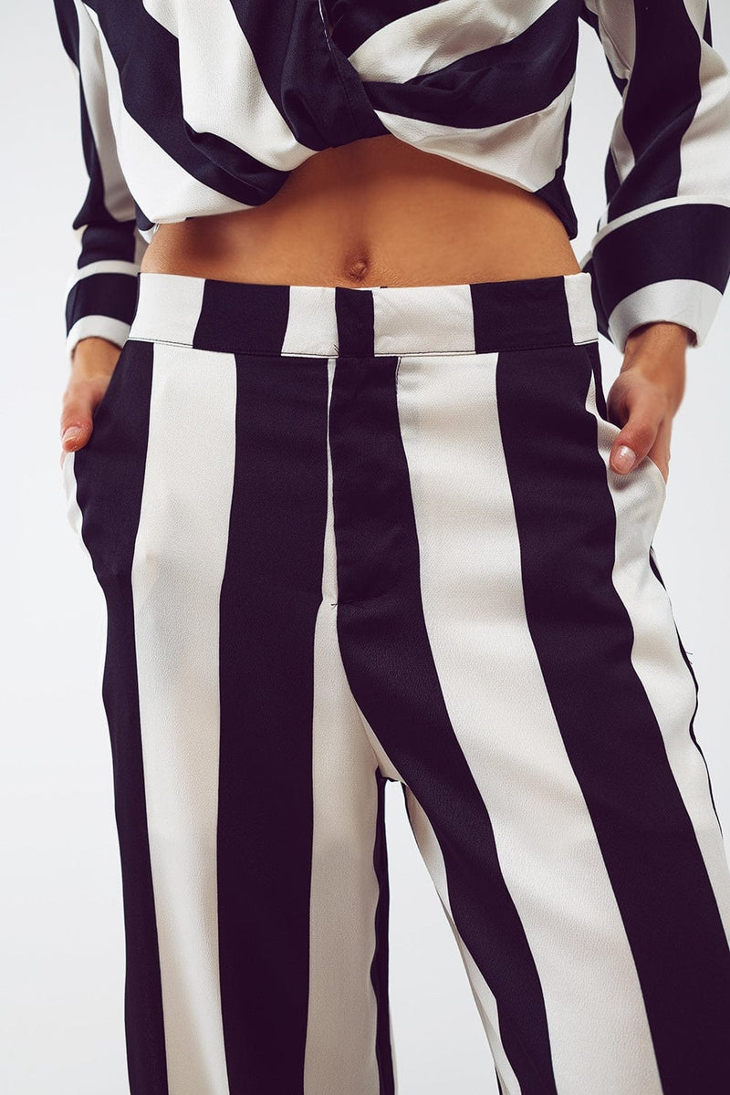 Q2 Women's Pants & Trousers Straight Pants Stripe Design And Relaxed Fit In Black And White