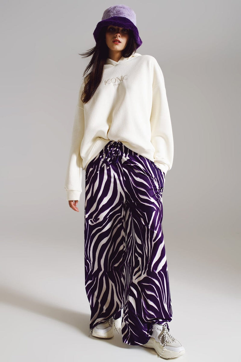 Q2 Women's Pants & Trousers Straight Pants With Zebra Print In Purple And White