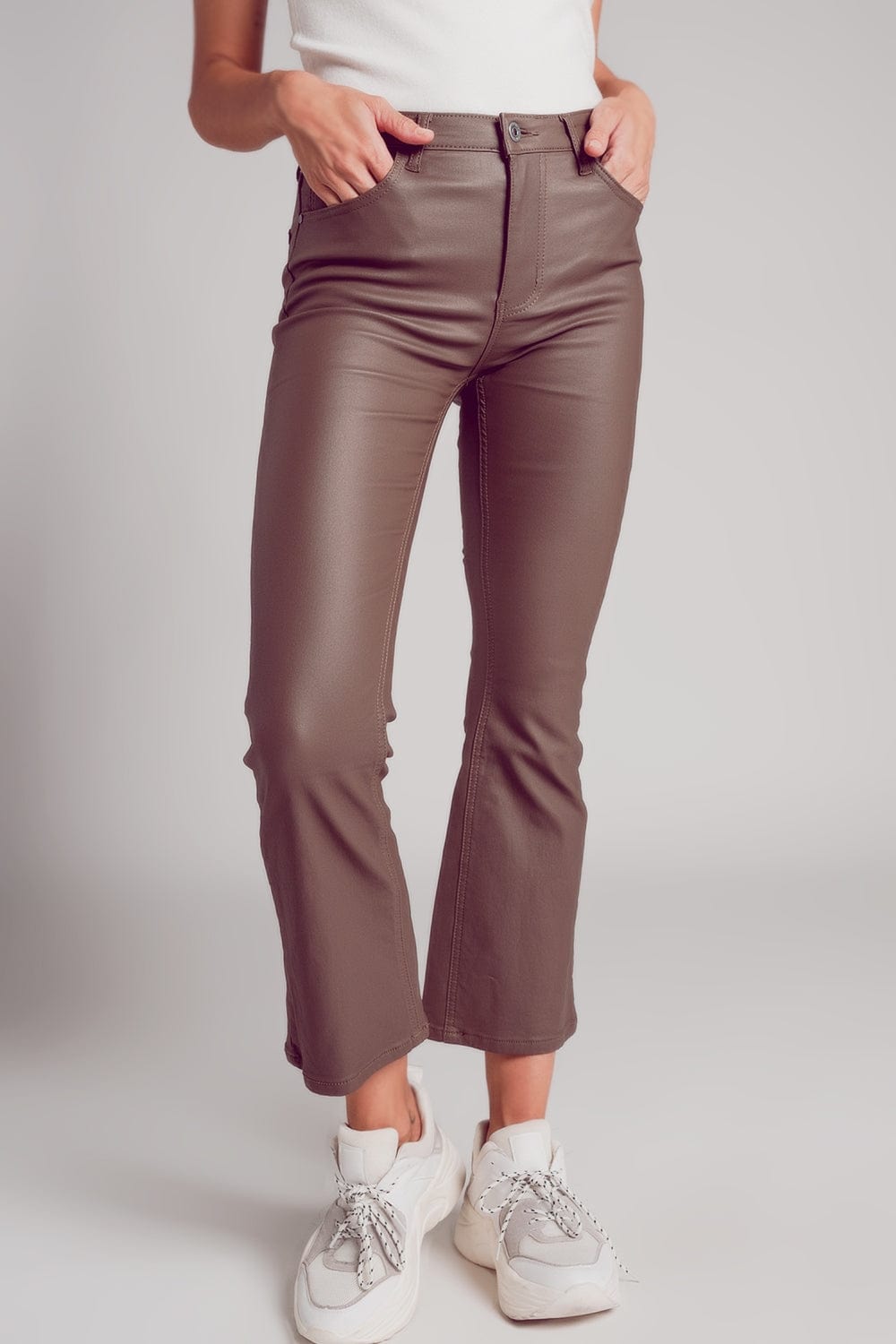 Q2 Women's Pants & Trousers Stretch Faux Leather Flare Pants in Beige