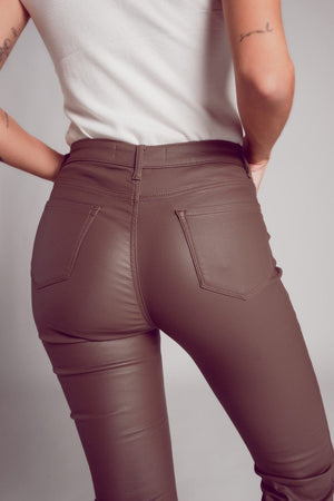 Q2 Women's Pants & Trousers Stretch Faux Leather Flare Pants in Beige