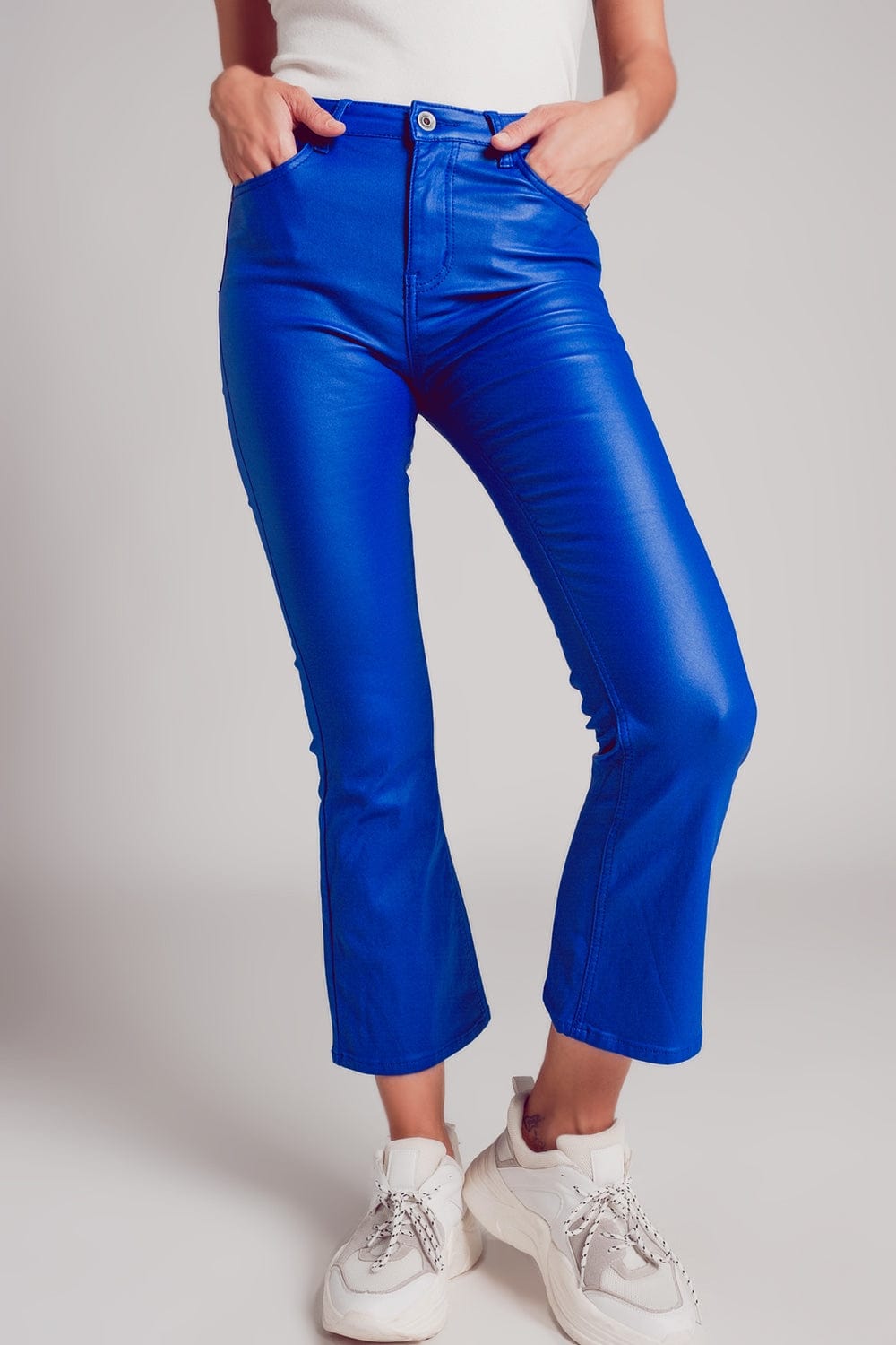 Q2 Women's Pants & Trousers Stretch Faux Leather Flare Pants in Blue