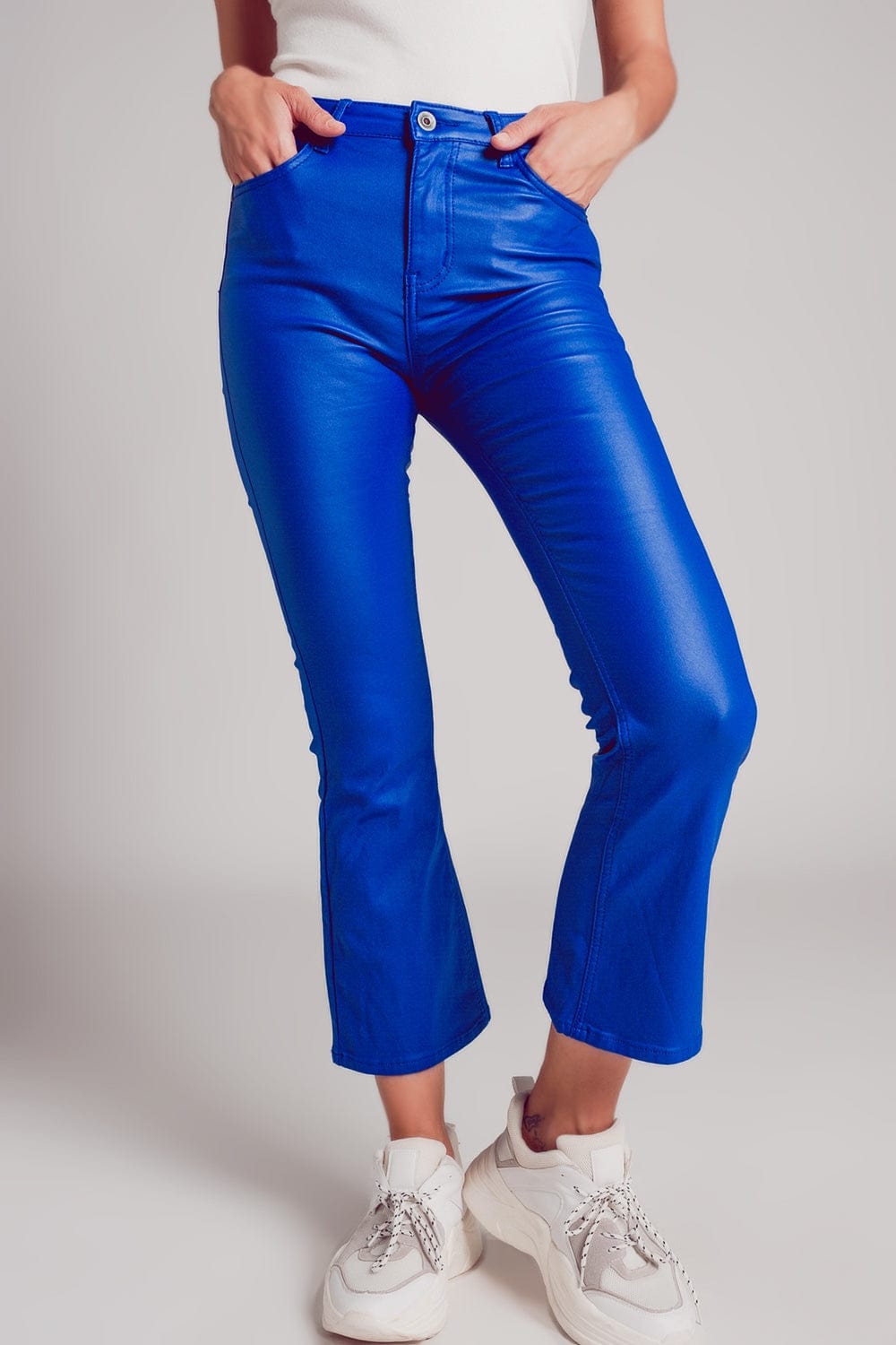 Stretch faux leather flare pants in blue - Himelhoch's Department