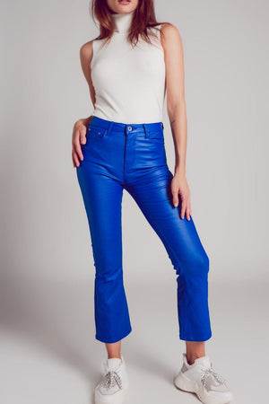 Q2 Women's Pants & Trousers Stretch Faux Leather Flare Pants in Blue