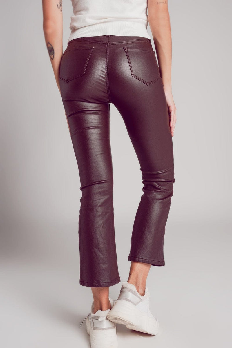 Q2 Women's Pants & Trousers Stretch Faux Leather Flare Pants in Brown