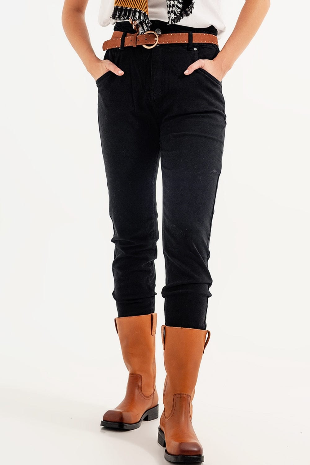 Q2 Women's Pants & Trousers Stretch Paperbag Waist Straigh Jeans in black