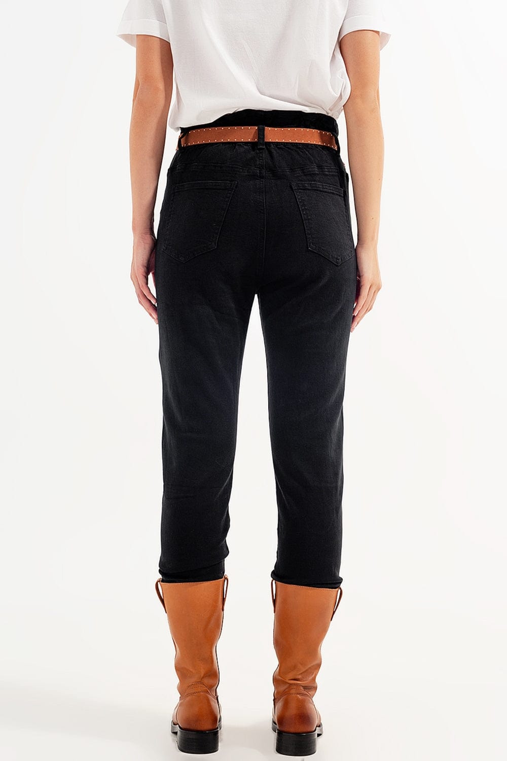 Q2 Women's Pants & Trousers Stretch Paperbag Waist Straigh Jeans in black