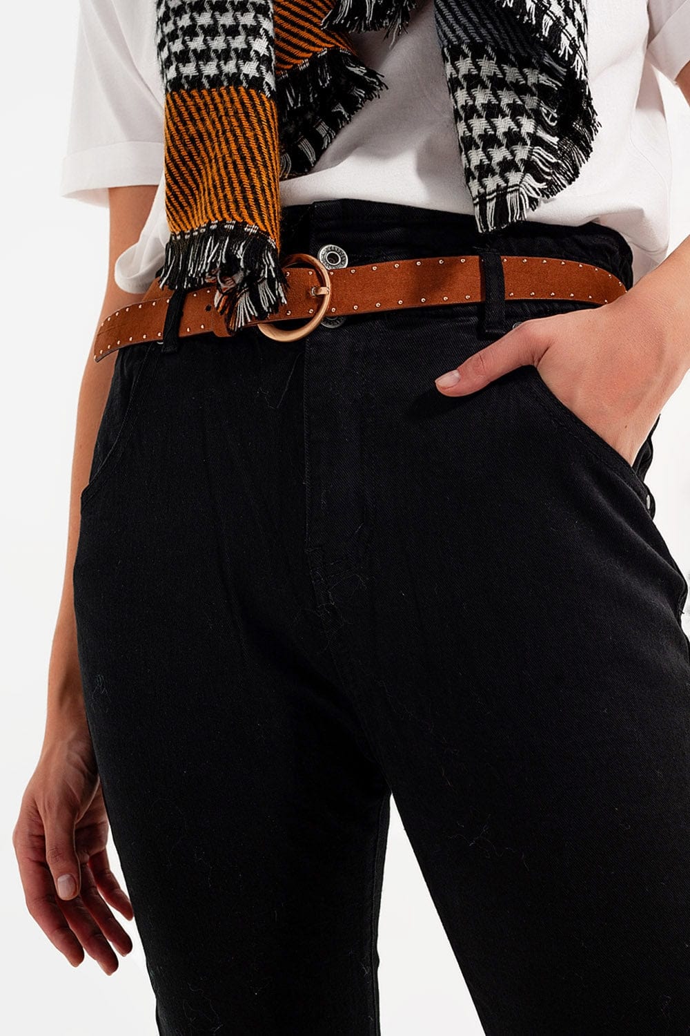 Q2 Women's Pants & Trousers Stretch Paperbag Waist Straigh Jeans in black