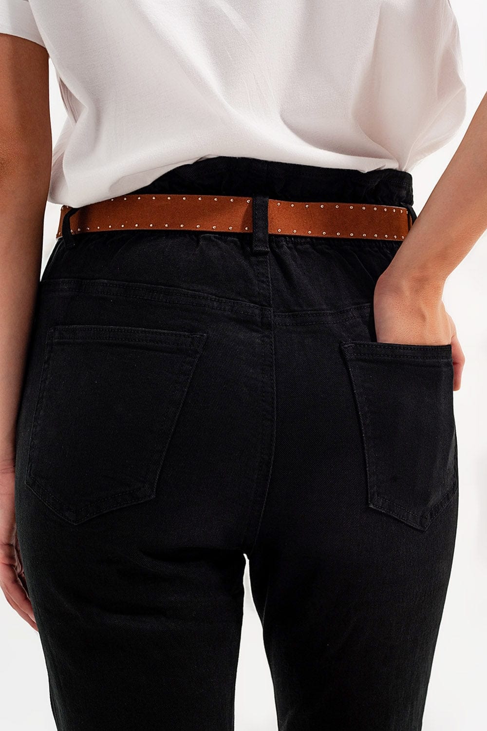 Q2 Women's Pants & Trousers Stretch Paperbag Waist Straigh Jeans in black