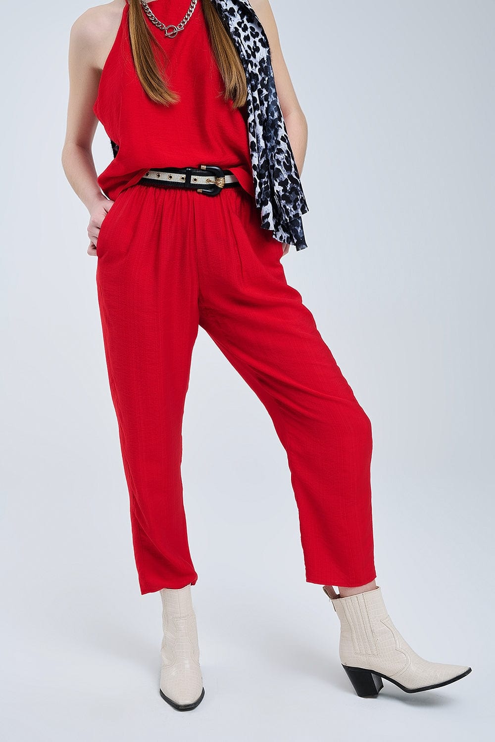 Q2 Women's Pants & Trousers Summery Pants With Elastic Waist And Pockets In Red