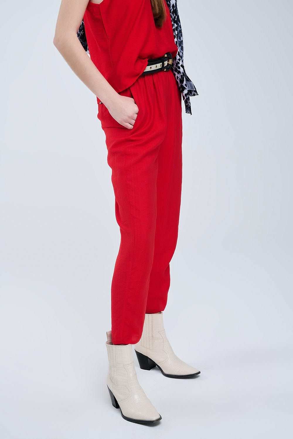 Q2 Women's Pants & Trousers Summery Pants With Elastic Waist And Pockets In Red