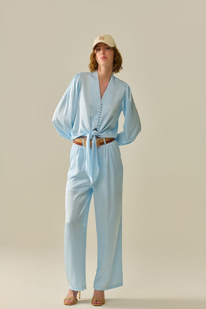 Q2 Women's Pants & Trousers Tailored Satin Pants With Wide Leg In Baby Blue