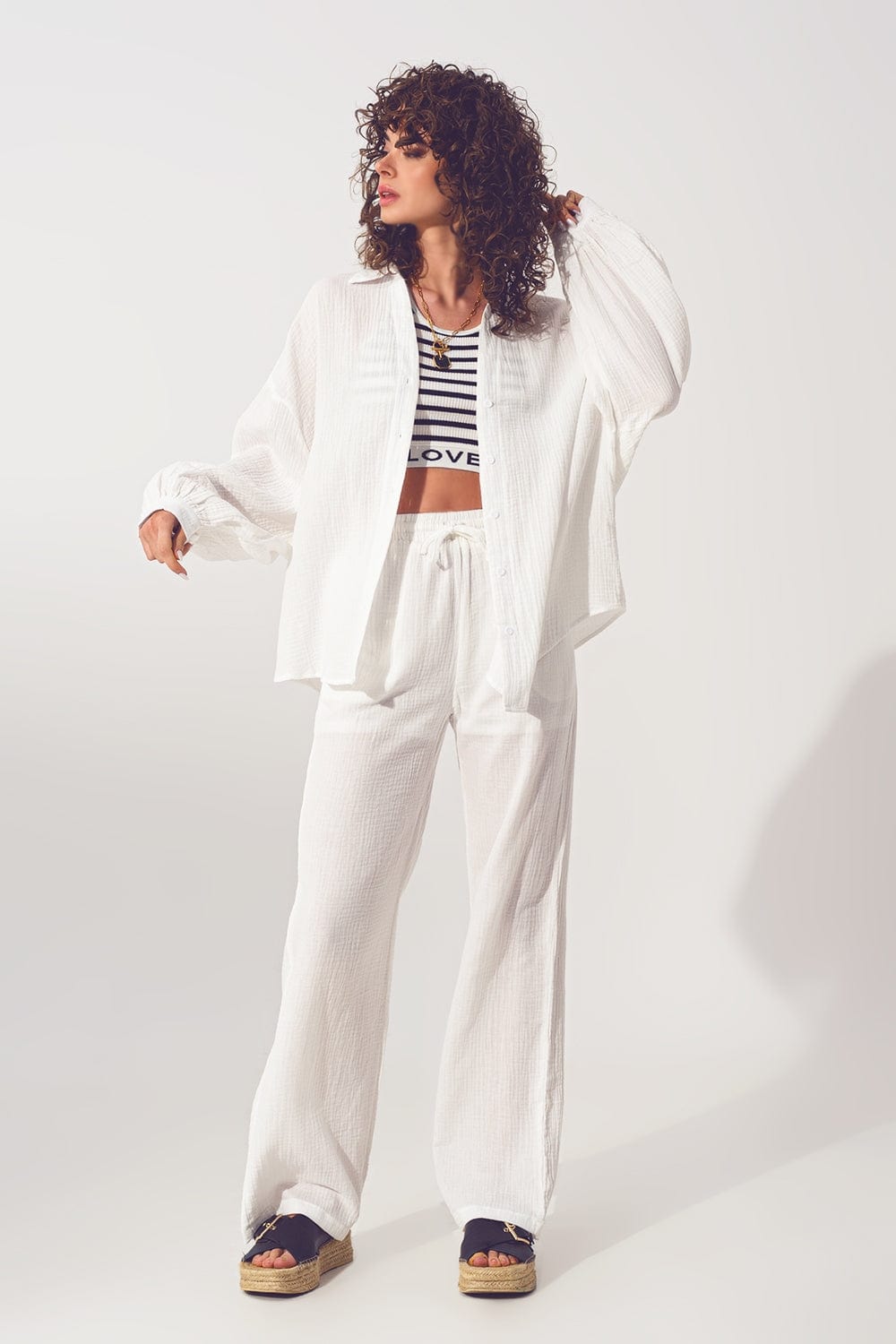 Q2 Women's Pants & Trousers Textured Wide Leg Pants in White