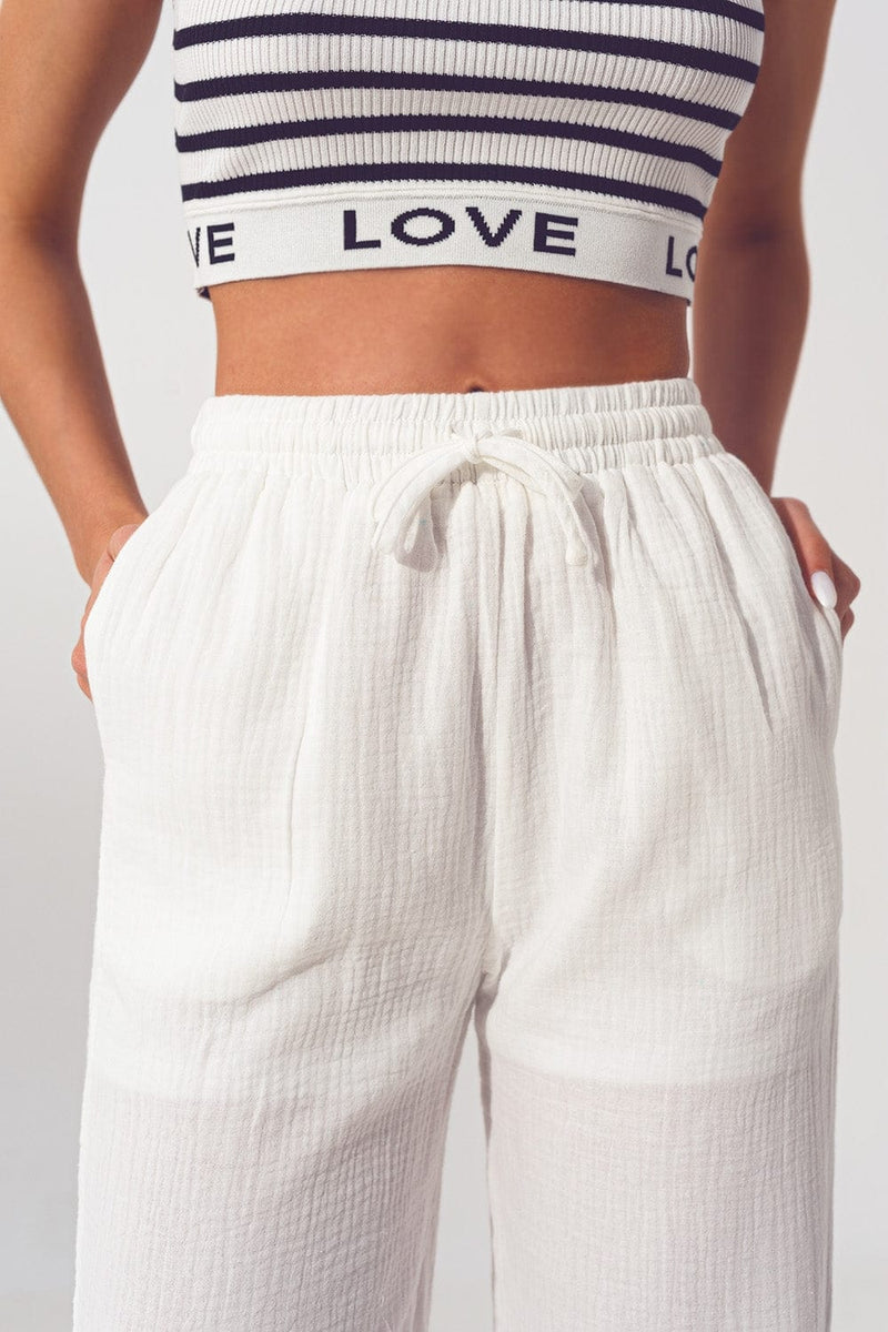Q2 Women's Pants & Trousers Textured Wide Leg Pants in White