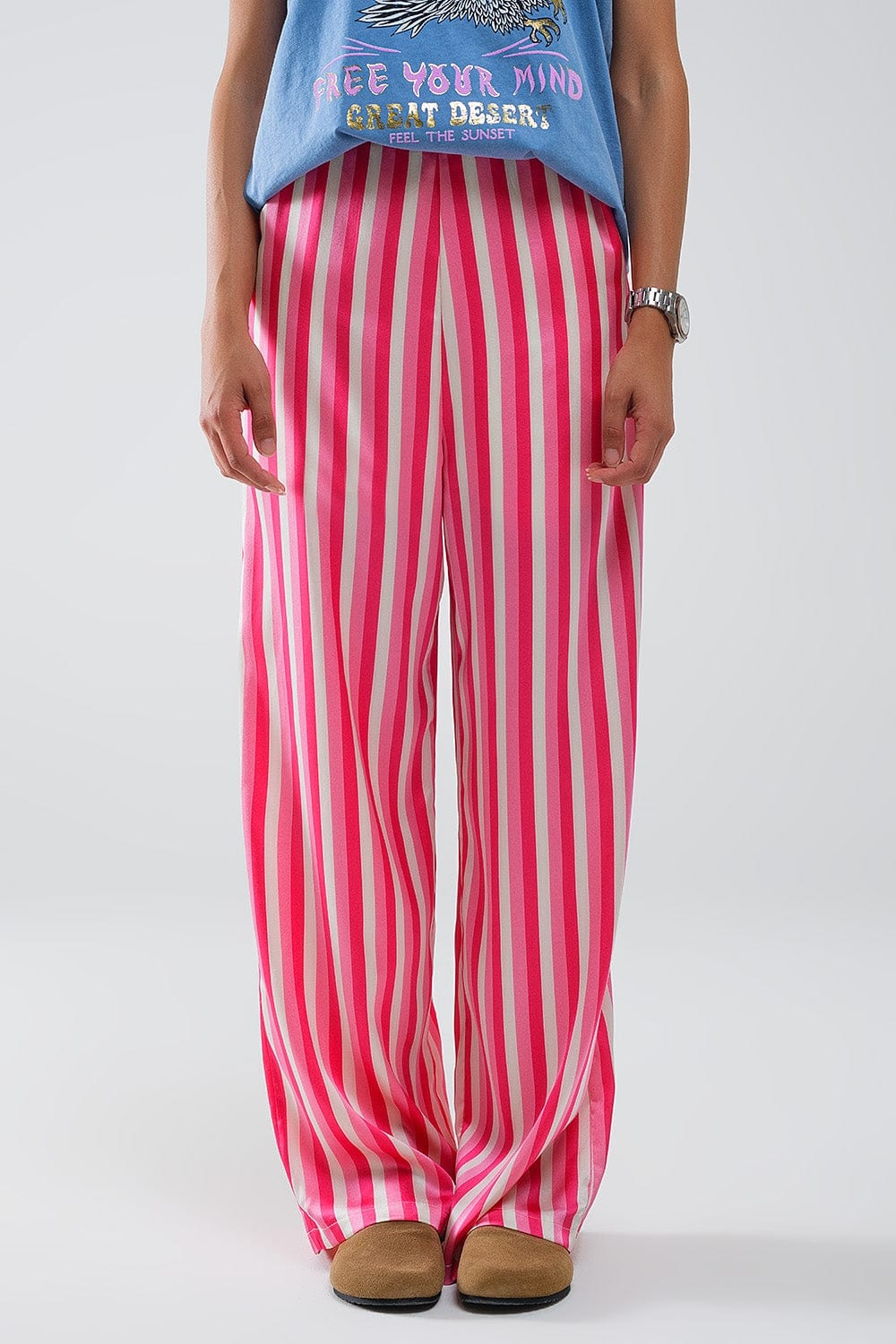 Q2 Women's Pants & Trousers Vertical Striped Straight Leg Satin Pants In Pink