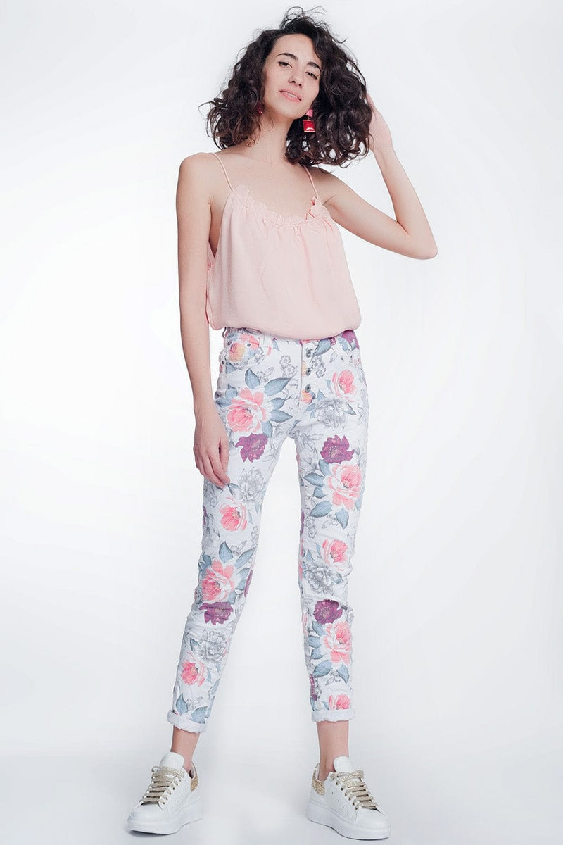 Q2 Women's Pants & Trousers White Boyfriend Jeans with Floral Print