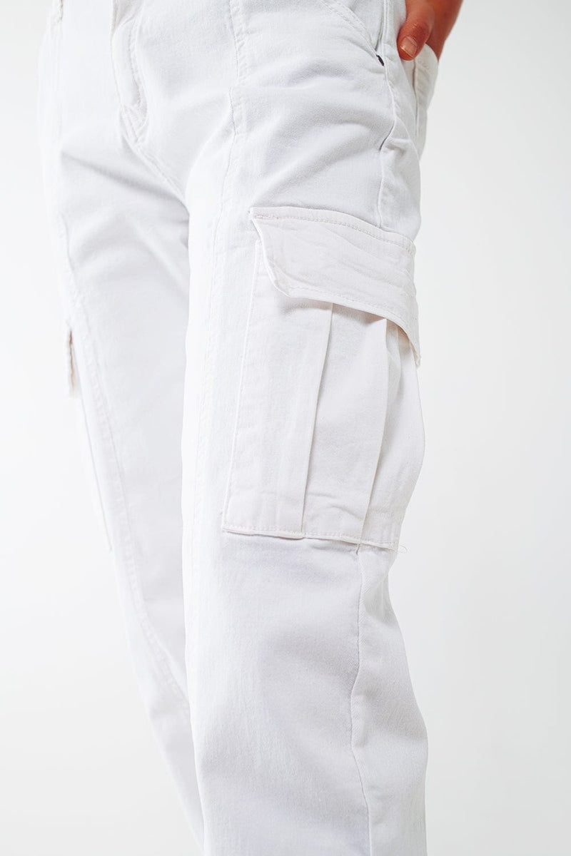 Q2 Women's Pants & Trousers White Cargo Pants With Elasticated Waist And Hem