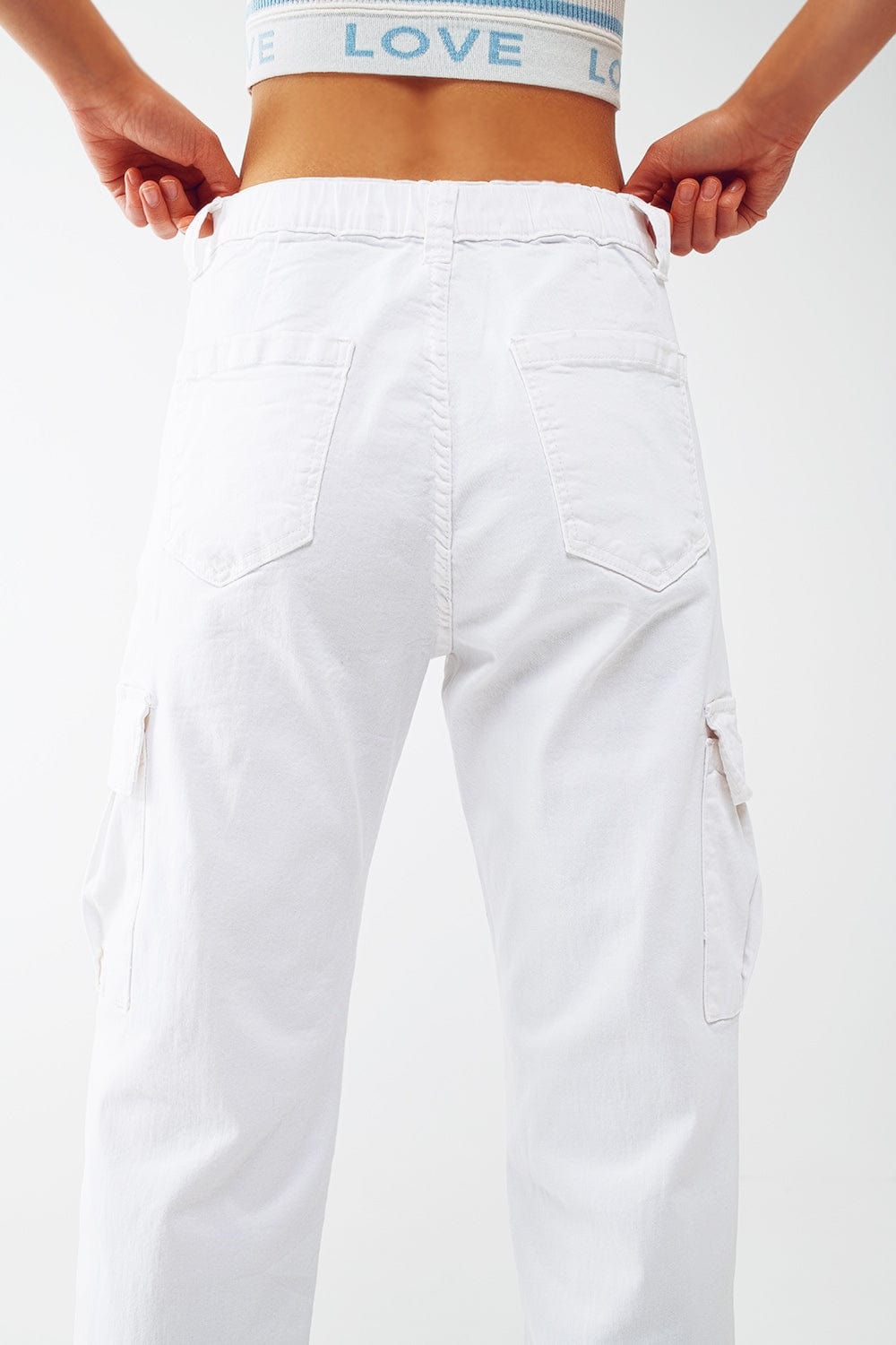 Q2 Women's Pants & Trousers White Cargo Pants With Elasticated Waist And Hem