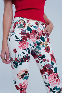 Q2 Women's Pants & Trousers White Jeans with Roses Print