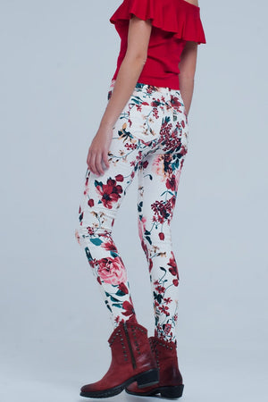 Q2 Women's Pants & Trousers White Jeans with Roses Print