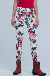 Q2 Women's Pants & Trousers White Jeans with Roses Print