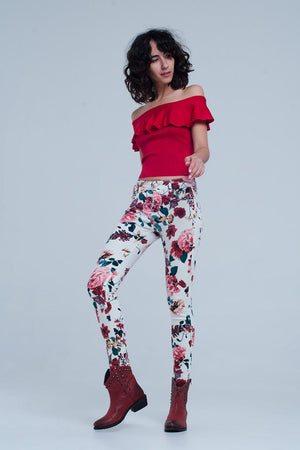 Q2 Women's Pants & Trousers White Jeans with Roses Print