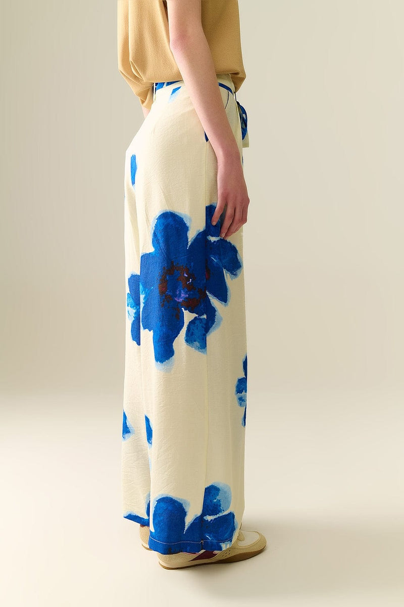 Q2 Women's Pants & Trousers White Palazzo Pants With Blue Tropial Flower Print And Matching Belt