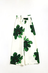 Q2 Women's Pants & Trousers White Palazzo Pants With Green Tropial Flower Print And Matching Belt