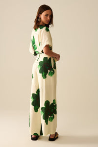 Q2 Women's Pants & Trousers White Palazzo Pants With Green Tropial Flower Print And Matching Belt