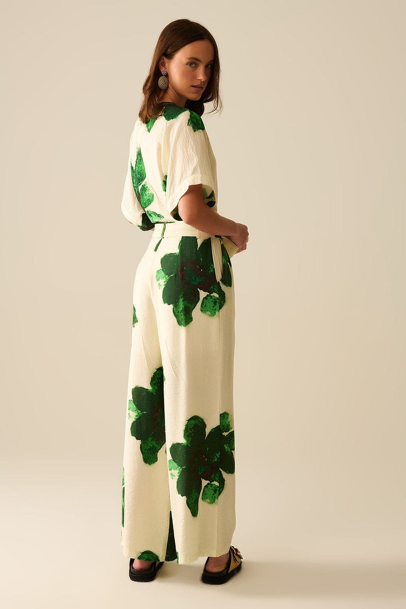 Q2 Women's Pants & Trousers White Palazzo Pants With Green Tropial Flower Print And Matching Belt