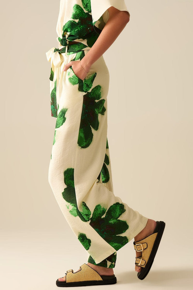 Q2 Women's Pants & Trousers White Palazzo Pants With Green Tropial Flower Print And Matching Belt
