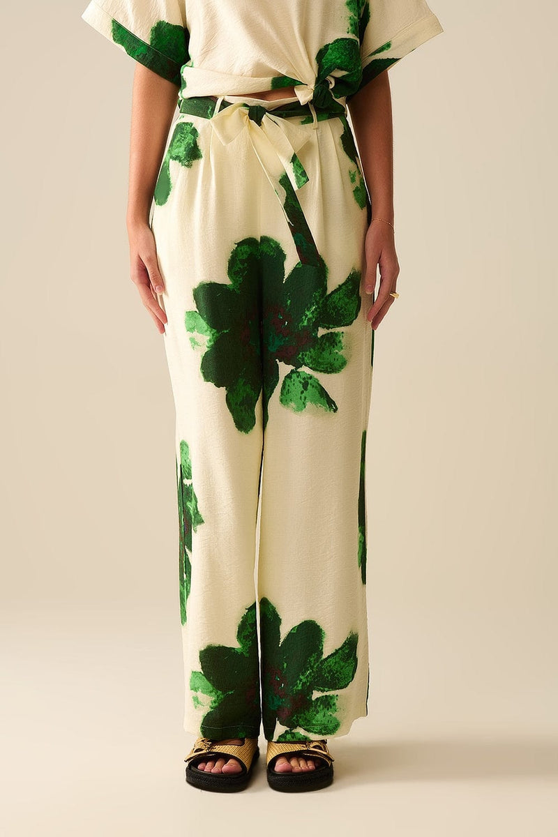 Q2 Women's Pants & Trousers White Palazzo Pants With Green Tropial Flower Print And Matching Belt