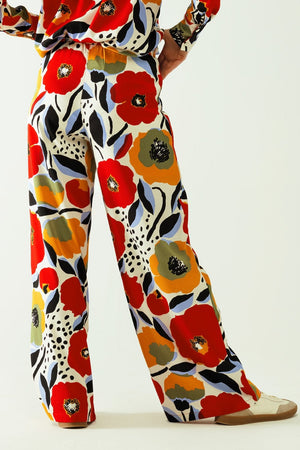 Q2 Women's Pants & Trousers White Wide Leg Pant With Poppies Designs And Lateral Pockets